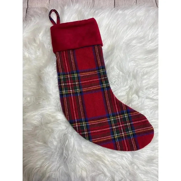 Tartan Red Plaid Velvet Thick Christmas Stocking FAST SHIP - Picture 1 of 6